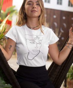 woman with hat and necklace t shirt